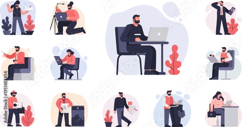 Diverse group of people engaged in various work-related activities and modern technology use