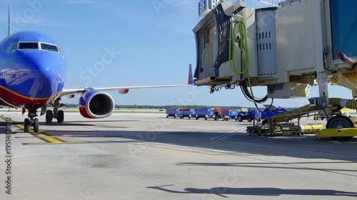 Commercial Airplane Taxiing at Airport Runway Near Jet Bridge and Ground Support Vehicles