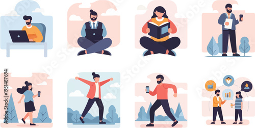 Diverse individuals engage in daily activities like working, reading, and exercising outdoors