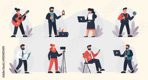 Diverse individuals engage in various hobbies, work, and leisure activities