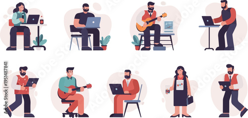 Diverse individuals work, play music, and socialize in a flat, pixelated style