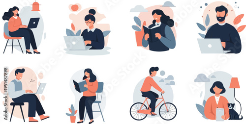 Diverse people engaged in various activities like working, reading, and cycling