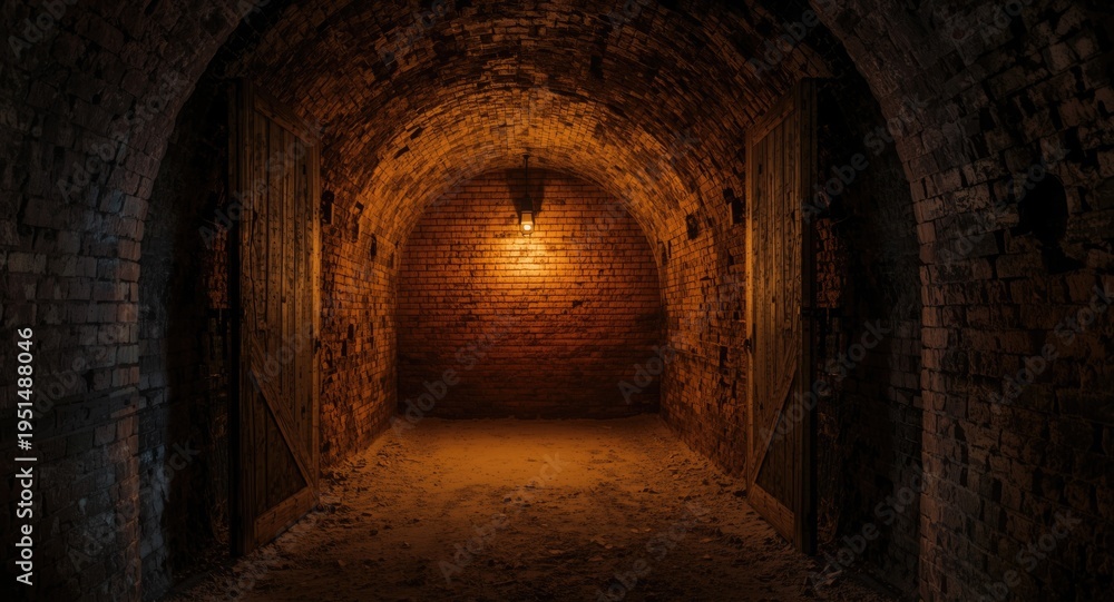 Fototapeta premium Old factory tunnel corridor with rustic wooden doors open to glowing brick wall