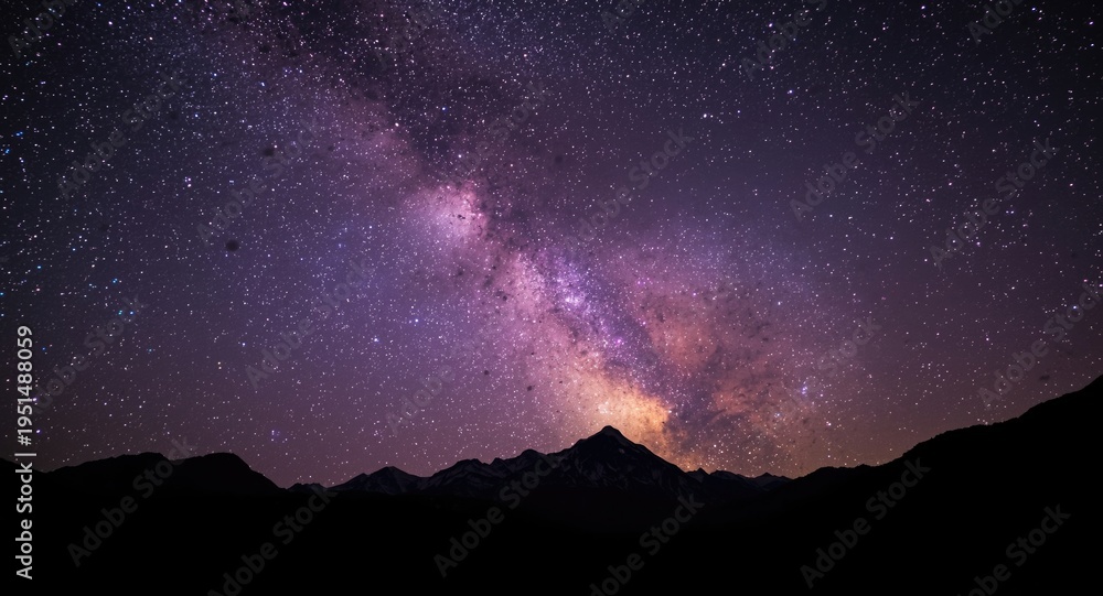 Fototapeta premium Mystical purple night sky featuring the Milky Way over serene mountain silhouettes with space for branding