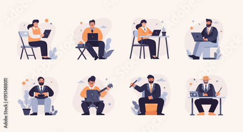 Diverse people working, playing music, and practicing hobbies on laptops