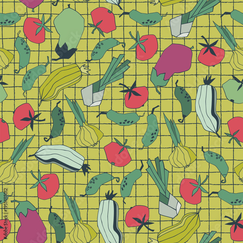 Seamless repeating pattern with vegetables. Stylized vector line art. Abstract colorful illustrations on beige background. Healthy food, carbs, veganism concept