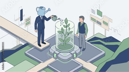 Futuristic Plant Growth Laboratory with Scientist and Businessman Engaged in Advanced Biotechnology Research