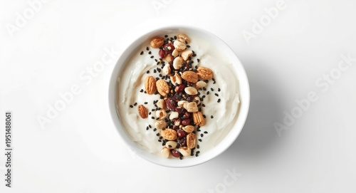 Creamy yogurt in a pristine white bowl topped with mixed nuts and black sesame seeds on a minimal white background for wellness marketing