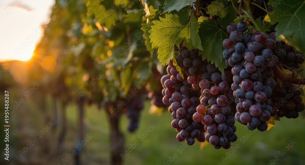 Obraz premium Bountiful ripe grapes hanging heavily on vines at sunset