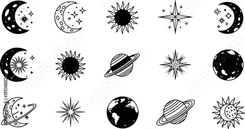 A cosmic collection of celestial bodies and starbursts in various artistic styles