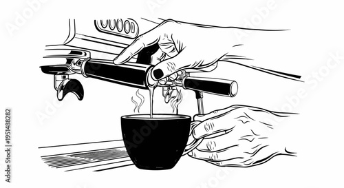 Hand preparing espresso, brewing hot coffee, steamy drink