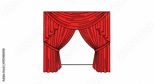 Red theatre curtains are drawn open, showcasing a stage
