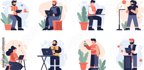 Diverse people engaged in various laptop and work-related activities in stylized scenes