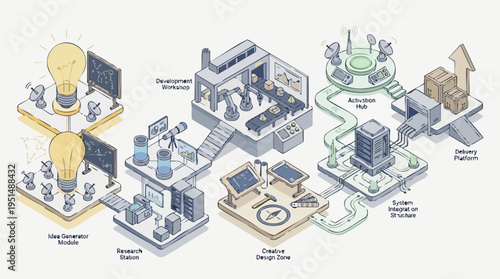 Futuristic innovation laboratory with idea generator, research station, creative design area, development workshop, system integration, and delivery platform for technology projects