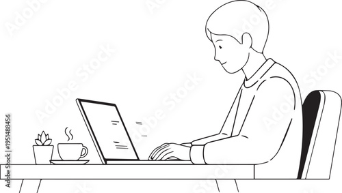 A dedicated individual immersed in productive digital tasks, diligently typing on a laptop while enjoying a comforting beverage, symbolizing modern work-life integration and focused concentration