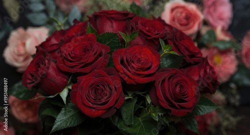 Romantic dark red rose bouquet with lush green leaves floral backdrop