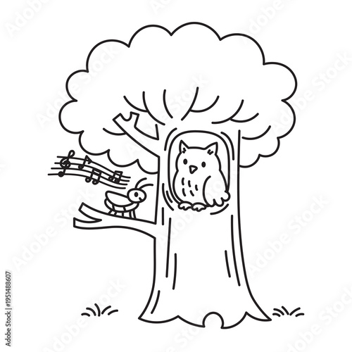 Aesop’s fable The Owl and the Grasshopper vector illustration. Fairy tale line art doodle, perfect for children’s stories and educational use. Cute and simple fairy tale illustration.