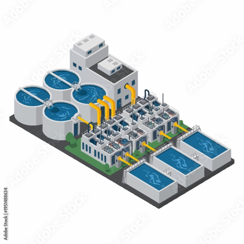 Isometric Water Treatment Plant Illustration with Tanks and Buildings.