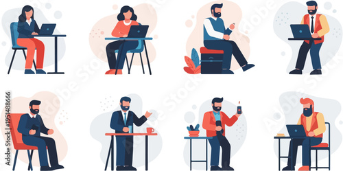 Diverse individuals work and relax in a modern, flat-style setting