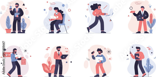 Diverse individuals in modern attire engage with technology and work