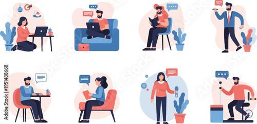 Diverse individuals engaging in various activities, including work, reading, and fitness, within stylized settings