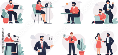 Diverse individuals working and interacting in a stylized office environment