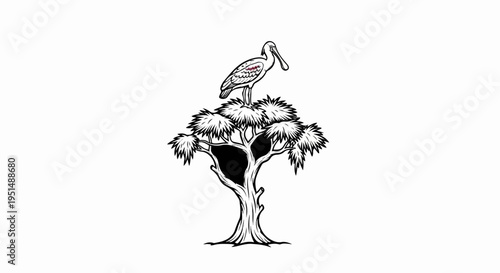 Bird with spoon-shaped beak perched atop a stylized tree