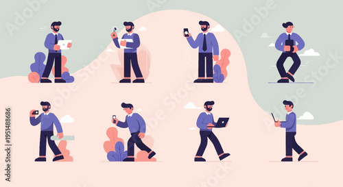 Animated businesspeople interacting with various digital devices and plants