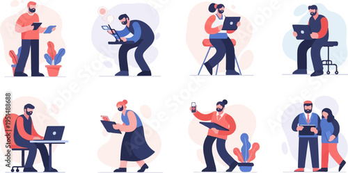 Diverse individuals engaged with technology in various settings and poses