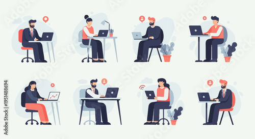 Diverse individuals working remotely at desks with laptops and tablets