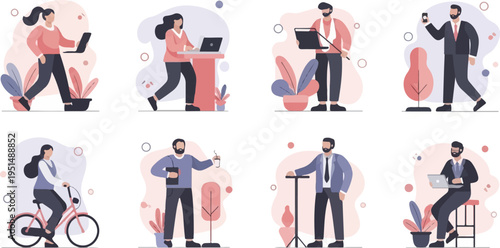 Diverse individuals engaged in various daily activities, blending work and leisure