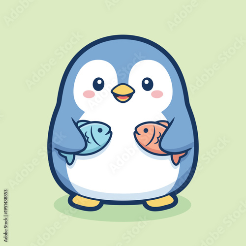 Vector illustration of cute cartoon penguin holding two colorful fish in its flippers on green background