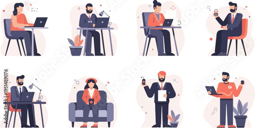 Diverse people working remotely on laptops and holding devices