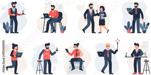 Diverse professionals engage in various office activities, collaborating and working independently