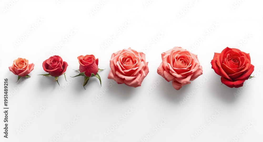 Fototapeta premium Sequential rose flower blooming phases with clean white backdrop