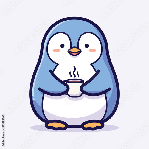 Vector illustration of cute cartoon penguin holding a steaming cup of coffee or tea in a friendly and approachable manner on a plain background