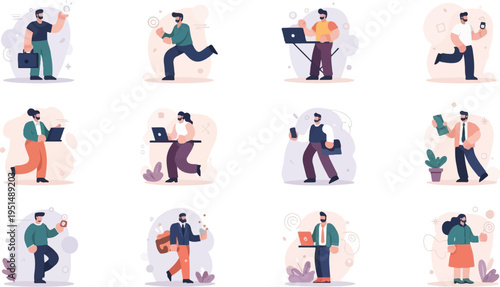 Diverse individuals engaged in business activities, utilizing technology and communication