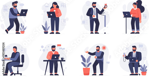 Diverse individuals engaged in modern digital work and communication tasks