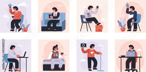 Diverse individuals engage in various daily activities, indoors and outdoors