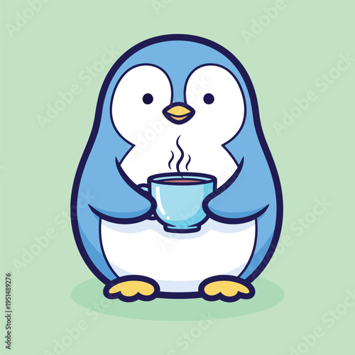 Vector illustration of cute cartoon penguin holding a steaming cup of coffee or tea in its flippers on a green background