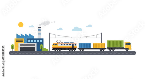 Global Logistics & Supply Chain Network: Factory, Freight Train, & Delivery Truck. Industrial Transportation & Cargo Delivery Flat Illustration