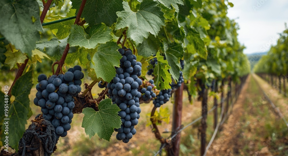 Naklejka premium Oil depiction of grape clusters growing in a healthy and fertile vineyard