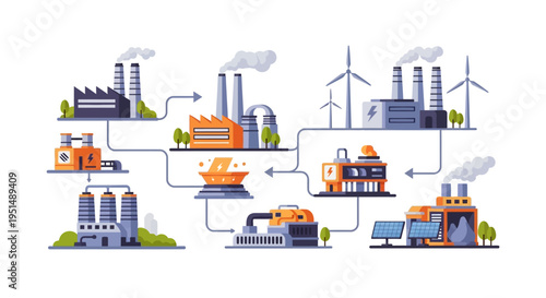 Industrial Energy Grid System: Factories, Renewable Power (Solar & Wind), and Traditional Plants. Manufacturing Supply Chain & Power Generation Network.