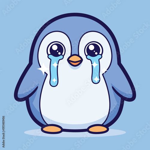 Vector illustration of a cartoon penguin with tears streaming down its face on a light blue background looking sad and dejected