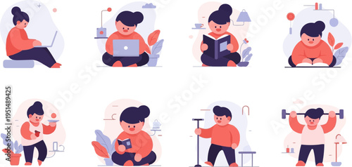 Eight characters engaged in various sedentary and active pursuits