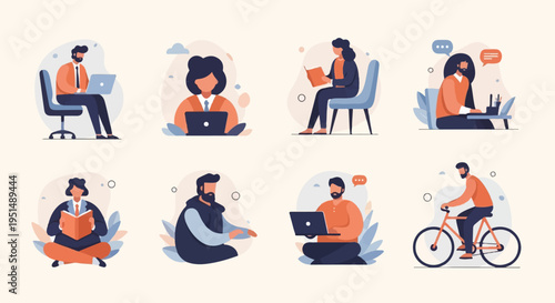 Diverse individuals engage in work, study, and leisure activities