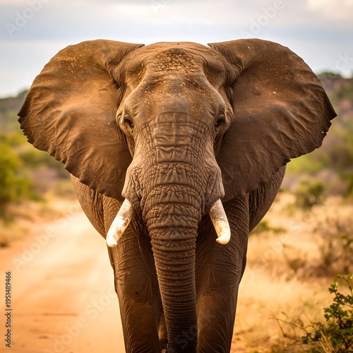 Majestic elephant facing camera, walking down dirt road in a natural savannah environment