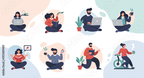 Diverse individuals engaged in leisure and work activities at home