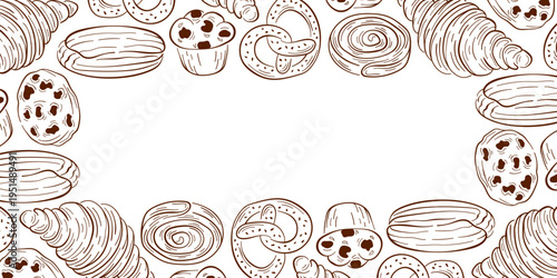 Bakery pastries border with croissant, pretzel, cookie and sweet rolls in line art style. Illustration background for menu, gift card and wrapping.
