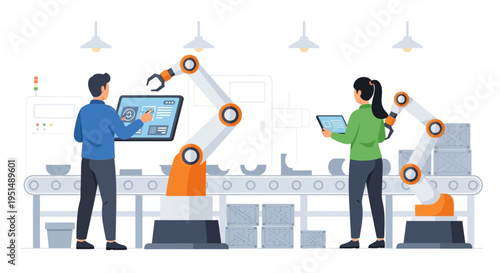 Smart Factory Automation with Human-Robot Collaboration: Workers Operate Robotic Arms & Monitor Production Lines via Digital Interfaces in Modern Manufacturing Industry 4.0